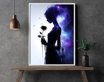 Nebula Rose – Dark portrait with cosmic silhouette aesthetics | High-quality art print on 230g FSC-certified paper | Wall art in various sizes