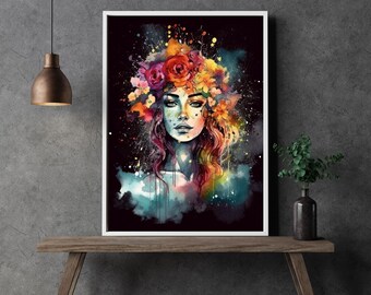 Artistic Floral Portrait – Boho Woman Floral Elegance | High-Quality Art Print | Modern Wall Decor on FSC Paper | Various Sizes