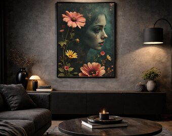 Dark Floral Wall Art Woman ‘Midnight Bloom’ | Moody Portrait with Flowers & Emerald Green | High-quality art print on 230g FSC paper
