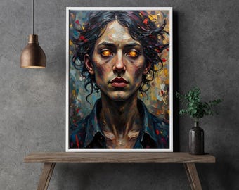 Golden Vigil – Intense dark portrait with glowing eyes | High-quality art print on 230g FSC paper | Wall art in various sizes