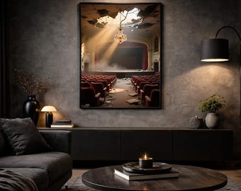 Abandoned Theater Printable Dark Fantasy | Digital Download Urbex Wall Art | Golden Ruins