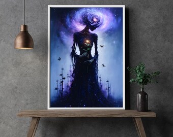 Starlit Offering – Dark Figure with Luminous Flower | Digital Download | Printable in XXL up to A0 and larger | Dark Wall Art