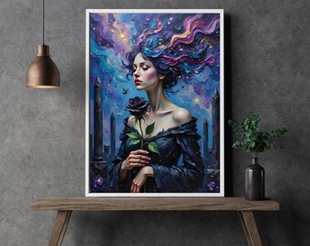 Velvet Night Muse – Woman with Dark Rose and Starry Hair | Digital Download | Printable in XXL up to A0 and larger | Dark Wall Art