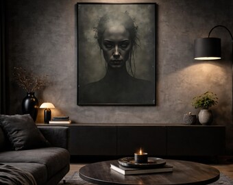Dark Portrait Wall Art Shadow Empress | Mystical female portrait in deep black and smoky gray | High-quality art print on 230g FSC paper