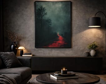 Dark Landscape Wall Art ‘Crimson Path’ | Cloudy forest with red river & mystical light | High-quality art print on 230g FSC paper