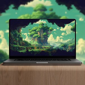 May include: A laptop computer with a black screen displaying a pixelated image of a green forest with a large tree in the center. The laptop is sitting on a wooden table.