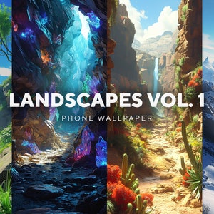 May include: Four different landscape phone wallpapers. The first is a green forest with a mountain range in the background. The second is a cave with blue and purple crystals. The third is a canyon with a waterfall. The fourth is a snowy mountain range.