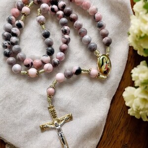 Saint Therese Rosary: Pink Zebra Jasper Beads, Gold Tone Italian Crucifix
