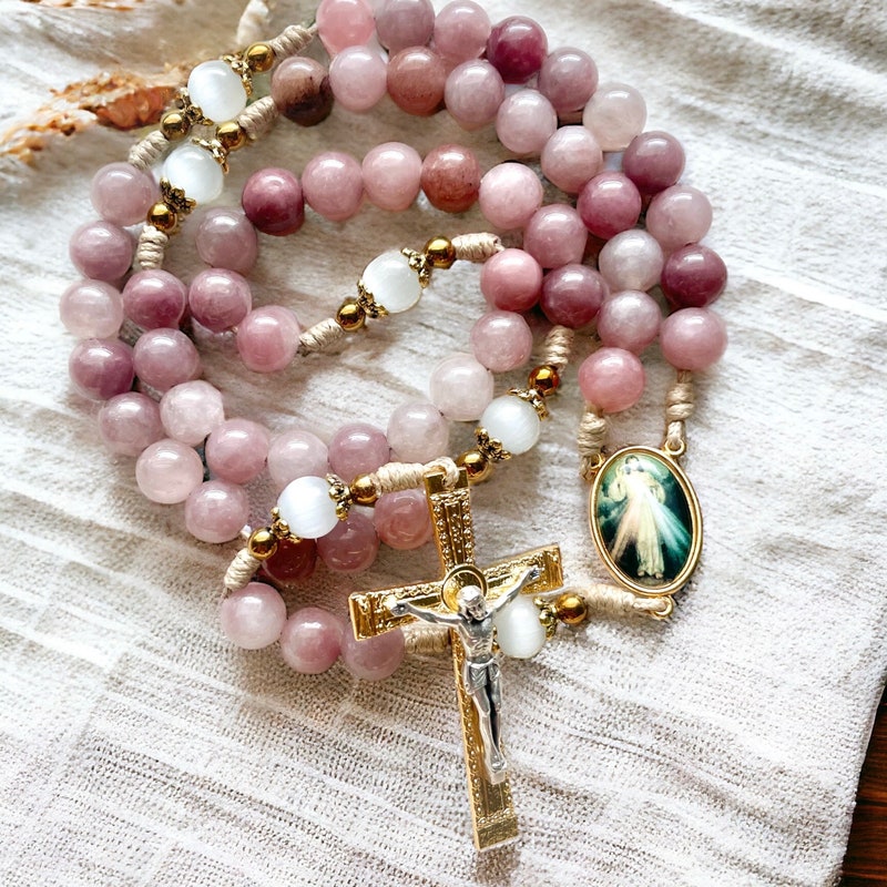 Divine Mercy Handmade Rosary - pink earth tone stone beads Durable cord - Prayer and Devotion - Catholic Gift for Confirmation Baptism
