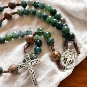 Miraculous Medal Handmade Rosary - Green Moss Agate beads durable cord - Prayer - Jesus Mary Joseph - Catholic Gift - Confirmation