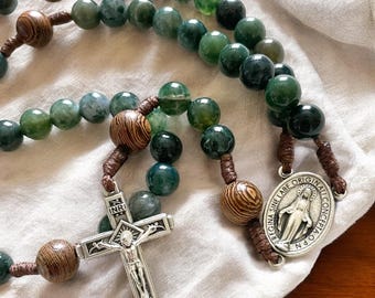 Miraculous Medal Handmade Rosary - Green Moss Agate beads durable cord - Prayer - Jesus Mary Joseph - Catholic Gift - Confirmation