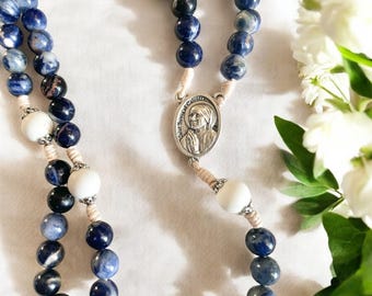 Mother Teresa Rosary: Blue Stone Beads, Italian Crucifix