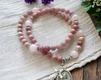 Rosary Bracelet Double Wrap - Natural Rhodonite Quartz stone beads stretch cord - St Therese Guadalupe - Catholic Gift Confirmation Baptism