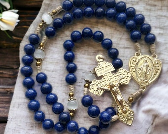 Miraculous Medal Rosary Gold Tone with blue stone beads and durable cord - Prayer and Devotion - Jesus Mary and Joseph Catholic Gift