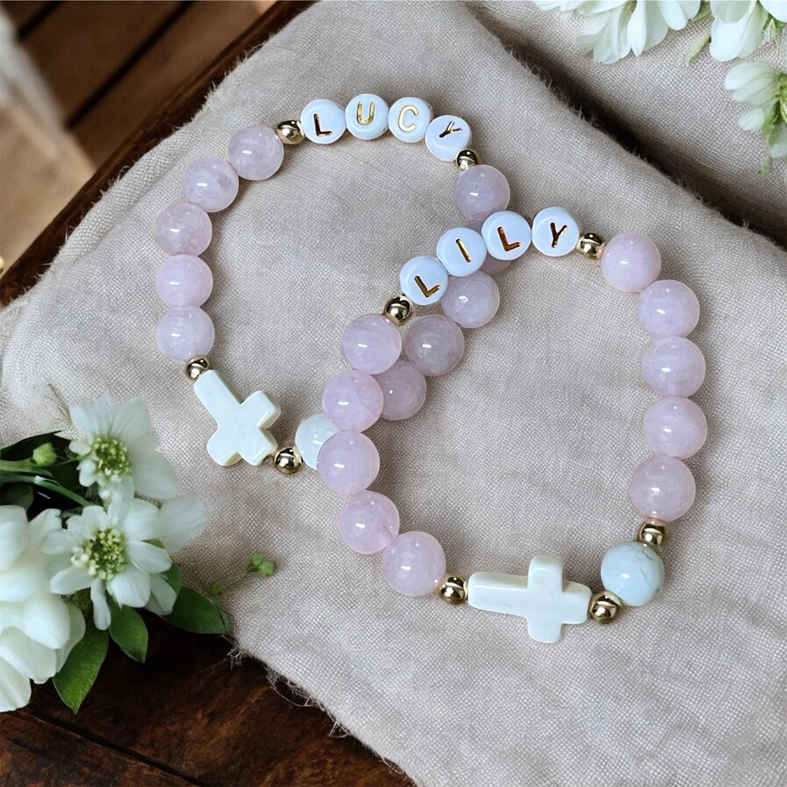 Custom Rosary Name Bracelet for Toddlers and Kids  Catholic Gifts Baptism Stretchy Cord Natural Quartz Beads Easter Gift