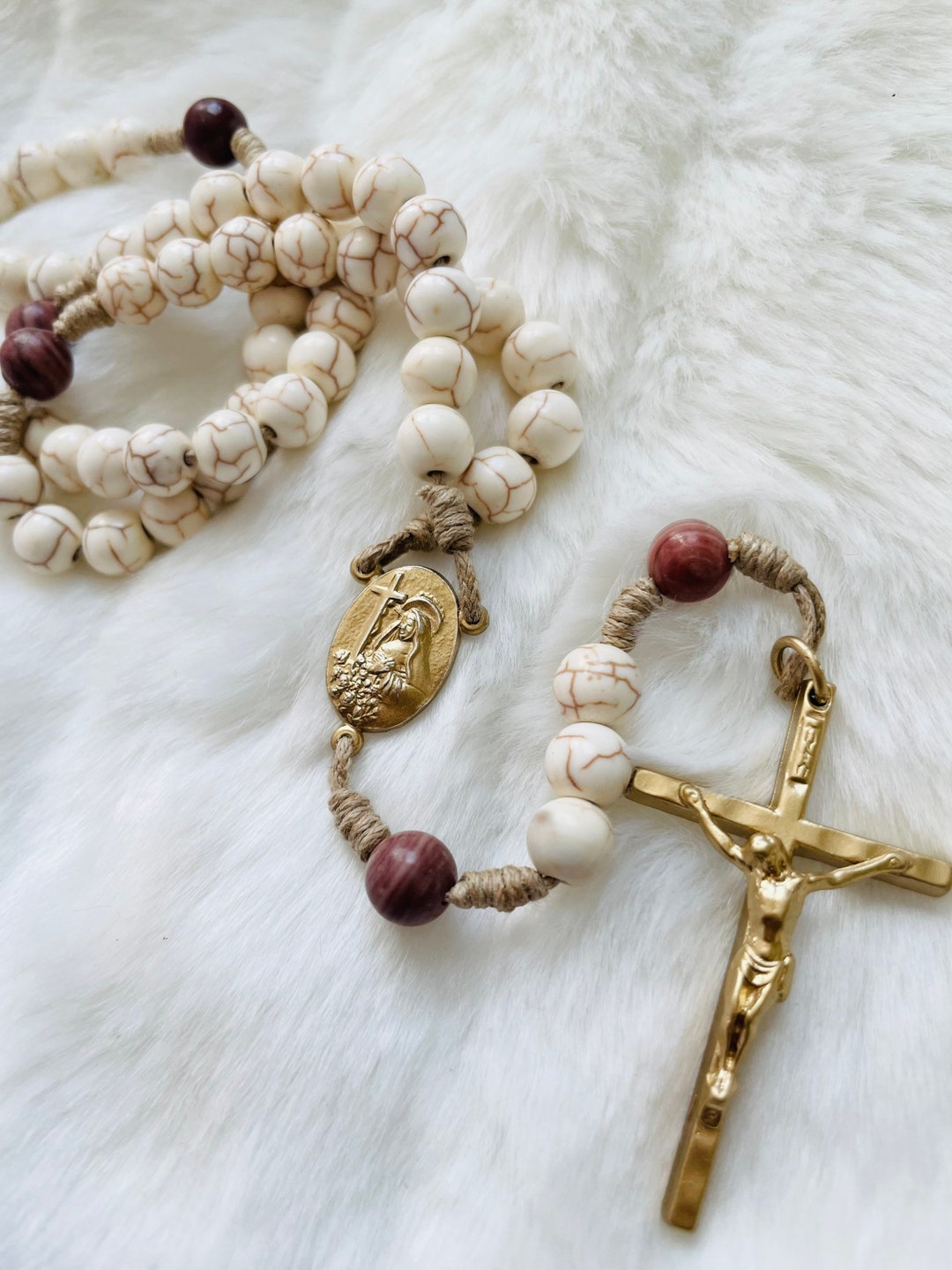 Saint Rita Center Rosary Made With Howlite and Rhodonite Handmade Cord ...