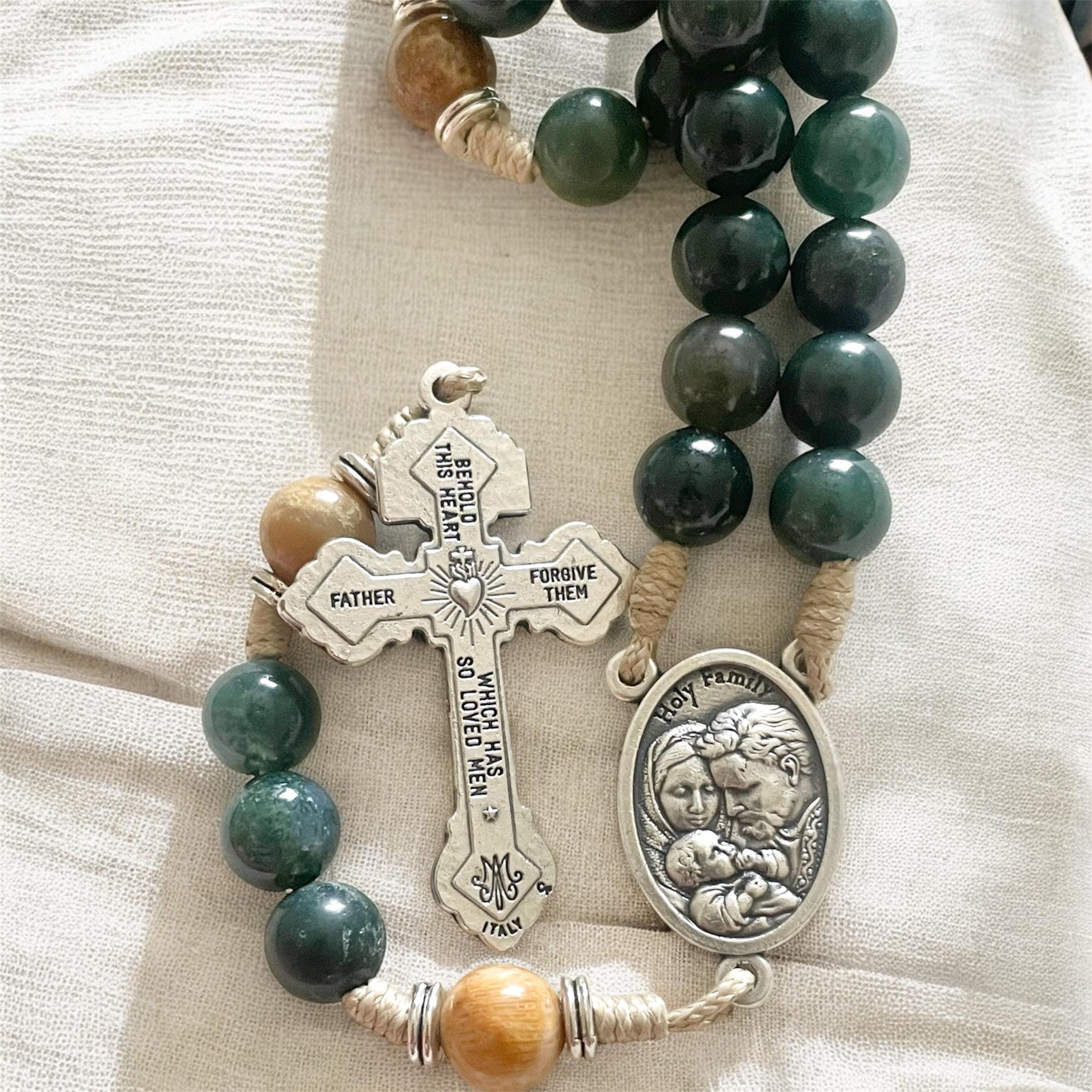 Wundertätiger Rosenkranz mit Medaille – handgefertigt mit blauen Steinperlen und strapazierfähiger Kordel – Gebet und Hingabe – Jesus, Maria und Josef, katholisches Geschenk zu Ostern
