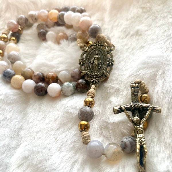 Handmade Rosary Miraculous Medal Papal Crucifix made with Bamboo Leaf Stone beads Durable Cord Catholic Gift