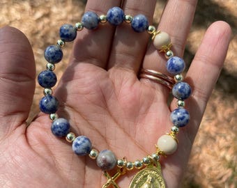 Rosary Bracelet Our Lady of Miraculous Medal made with stone beads and stretch cord Prayer and Devotion Quartz Catholic Gift