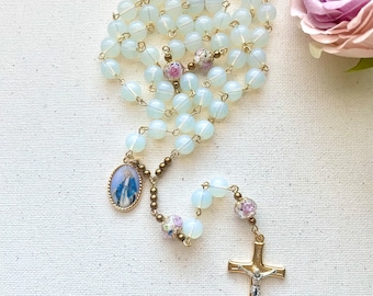 Handmade Rosary Flower Pater Beads Glass Ave Beads Gold link chain with Our Lady of Good Counsel or Our Lady of Grace