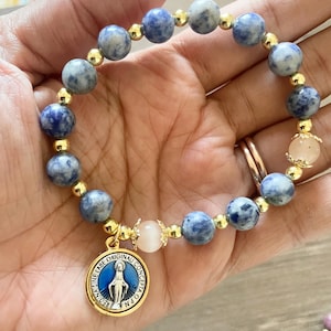Rosary Bracelet Our Lady of Miraculous Medal made with stone beads and stretch cord Prayer and Devotion Quartz Catholic Gift