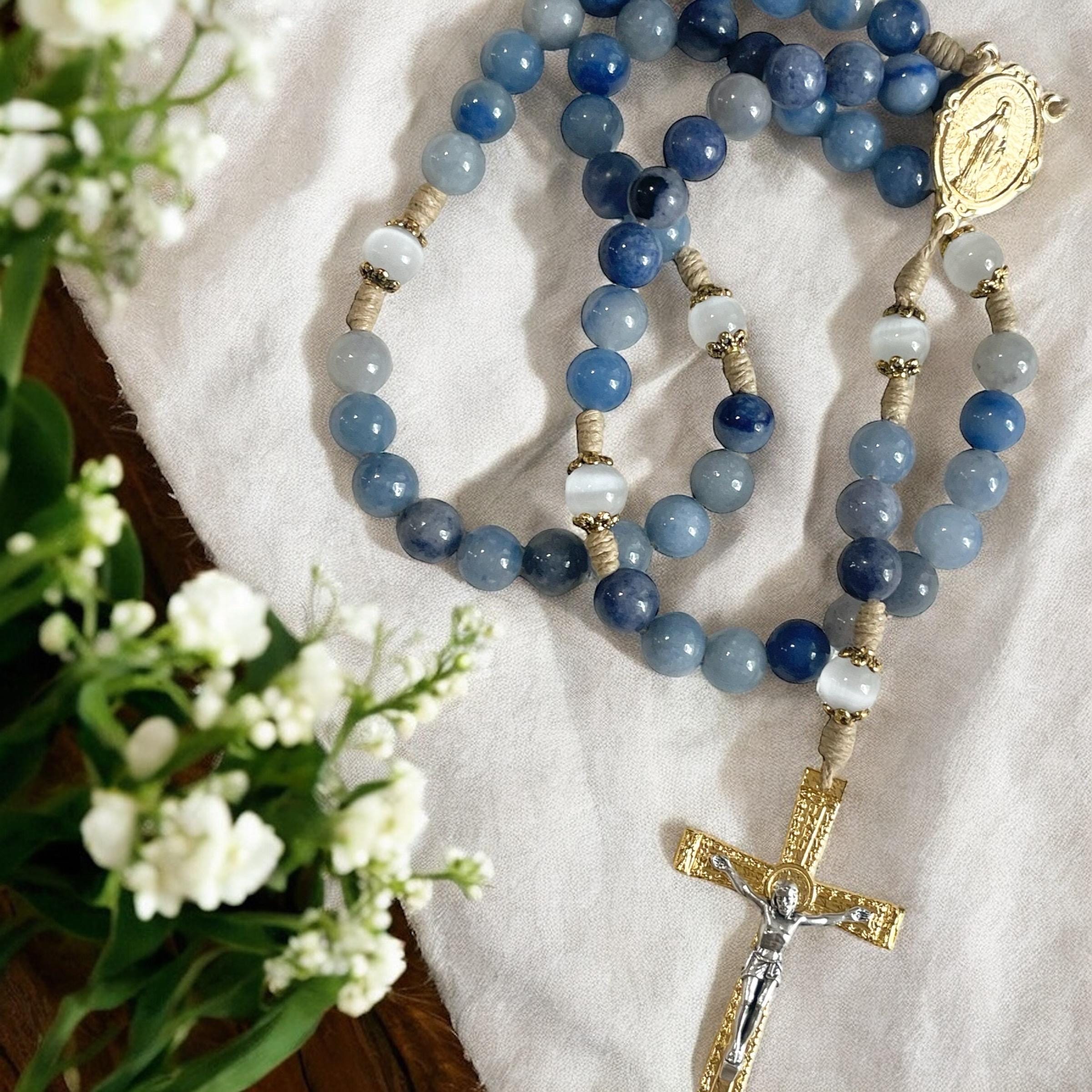 Wundertätiger Rosenkranz mit Medaille – handgefertigt mit blauen Steinperlen und strapazierfähiger Kordel – Gebet und Hingabe – Jesus, Maria und Josef, katholisches Geschenk zu Ostern