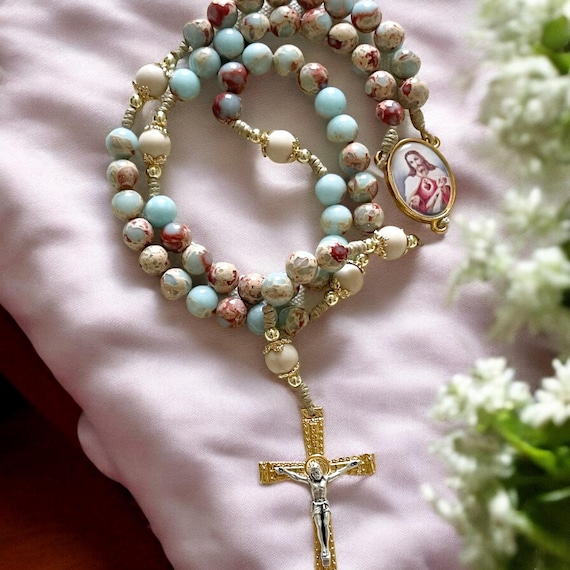 Sacred Heart Handmade Rosary with jasper style beads and durable cord - Stella Maris Star of the Sea - Prayer and Devotion - Catholic Gift