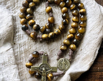 Saint Benedict Rosary with tiger eye stone beads durable cord rosary prayer and Devotion Jesus Mary and Joseph Catholic Gift for Christmas