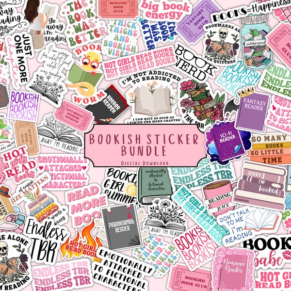 50+ Digital Bookish Sticker Bundle, Printable Bookish Stickers, Bookish Kindle Stickers, Book Stickers, Booktok, PNG, GoodNotes