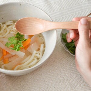 Könnte beinhalten: Eine Schüssel mit Udon-Nudelsuppe mit Karotten, Daikon-Rettich und Koriander. Ein Holzlöffel wird über der Suppe gehalten. Eine kleine Schale mit Koriander befindet sich neben der Schüssel. Die Suppe befindet sich in einer weißen Keramikschüssel.