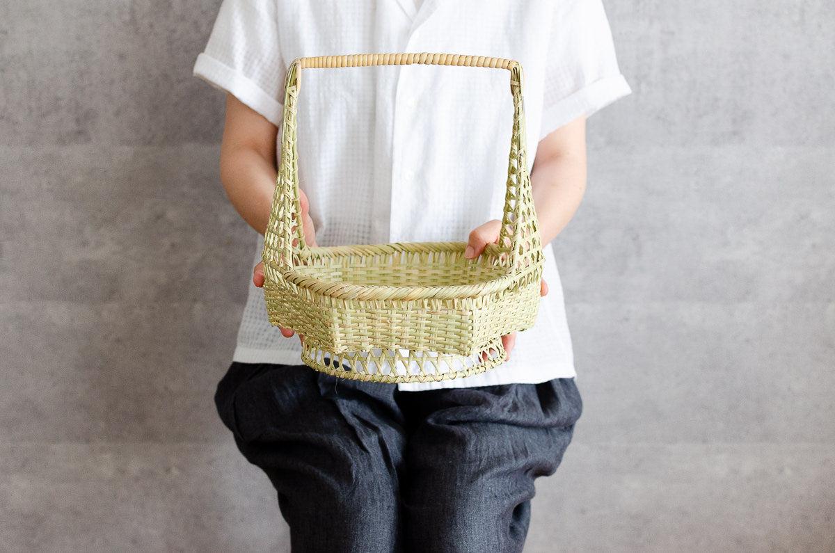 Handled Bamboo Basket With Raised Base for Serving and Storage