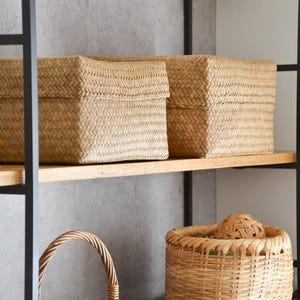 May include: Woven storage boxes with lids of different sizes are on a wooden shelf. A round basket and a basket with a handle are below. The boxes and baskets are made of a light brown, natural material.