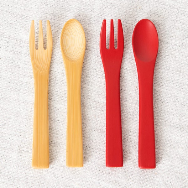 Baby fork, Baby spoon [ Natural, Red ] / Mōsō bamboo / JPN 211116