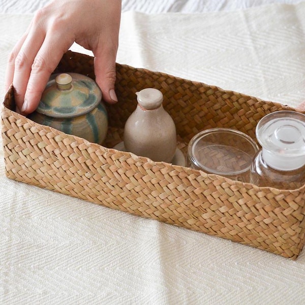 Rectangular Woven Storage Basket for Home Organization Thai Slim Grass Organizer