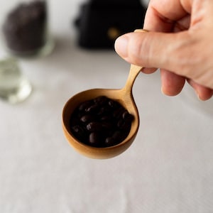 以下が含まれることがあります： 濃い茶色のコーヒー豆が入った木製のスプーン。スプーンは手で持っており、背景には他のコーヒー関連のアイテムがぼやけています。スプーンは小さく丸いボウルと長い柄が付いています。