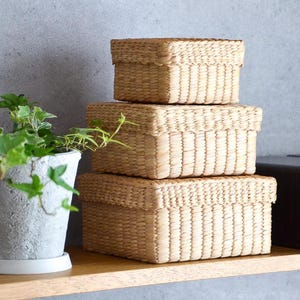 Square Woven Storage Basket with Lid for Home Organization Thai Water Hyacinth Compact Box