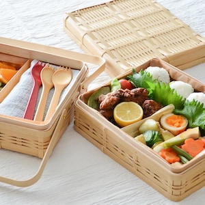 Bamboo Bento Lunch Box 2 Tier Stackable with Handle Woven Japan