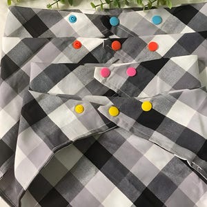 Gingham dog bandana easy to remove and put on safer for dogs black gingham black plaid contrasting button colorful button