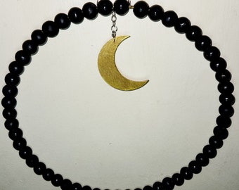 Black Wooden bead wreath- witchy cresent Moon wreath-gothic wall hanging-witchy decor- gold Cresent moon- moon decor
