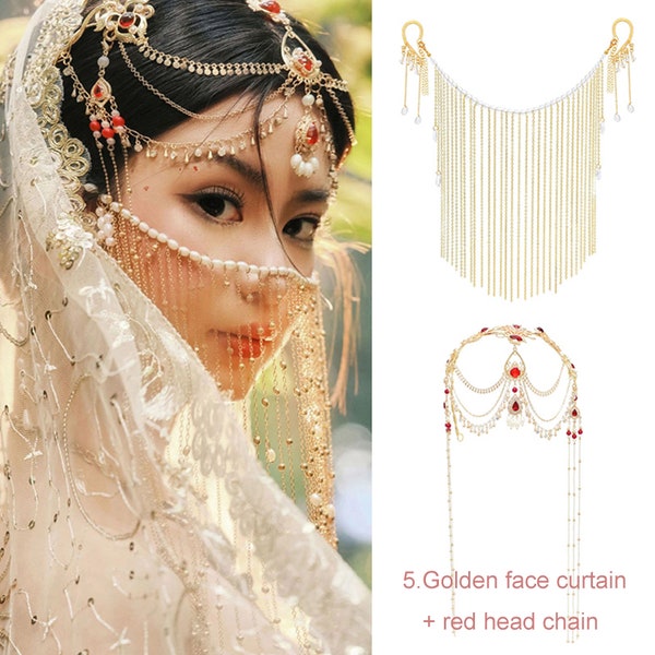 Hanfu Golden Hair Accessories, Red Long Tassel Forehead Ornaments, Western Region Princess Hair Accessories, Bridal Head Chain