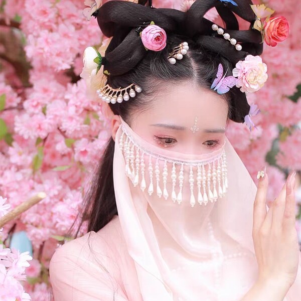 Pearl Embroidered Veil,Retro Veil,Summer Spinning Veil,Chinese Style Hanfu Facial Accessories,Solid Color Veil,Fairy Pearl Face Chain Veil