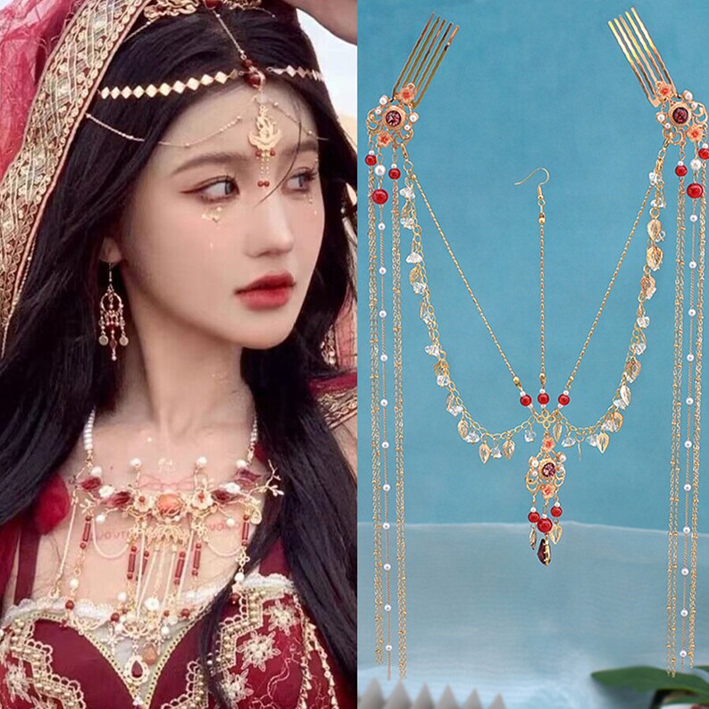 Red Forehead Pendant Golden Tassel Long Hair Accessories Etsy