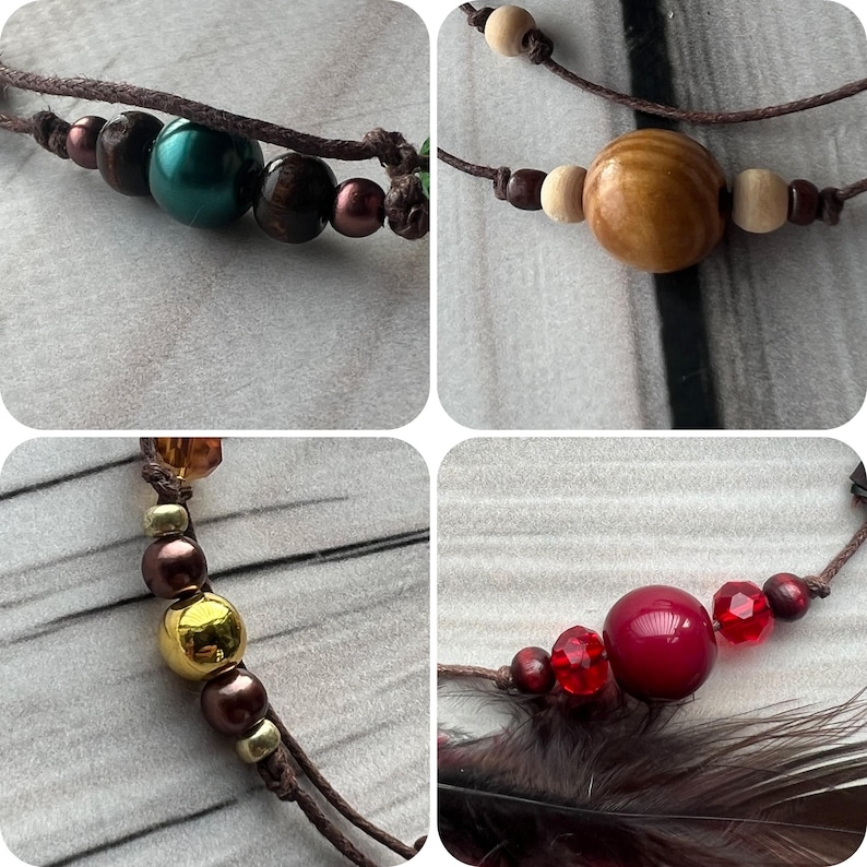 Close-up of handmade feather hair accessories – featuring natural wooden, glass, and metal beads for a unique touch