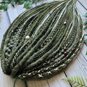 Forest Green Dreadlock Set – Handmade Synthetic Dreads with Braids, Beads & Naturе Vibes | Woodland Elf Hair Extensions