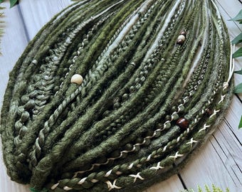 Forest Green Synthetic Dreadlock Extensions: Braids, Beads & Woodland Style