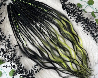 Black Neon Green Kanekalon Dreadlocks, Wavy Ends, Alternative Style (SE/DE)