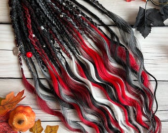 Handmade Black Red White Ombre Dreadlock Extensions: Loose Wavy Ends