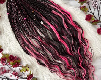 Dark Brown Pink Dreadlock Extensions – Wavy Ends SE Set, Synthetic Braids, Boho Festival Hair