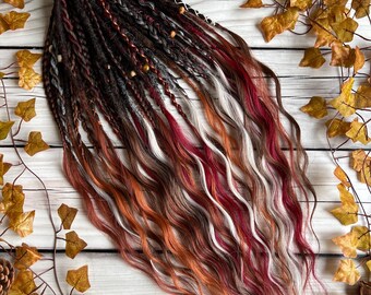 Autumn Synthetic Dreadlock Extensions, Boho Wavy Ends, Earthy Colors (SE/DE)
