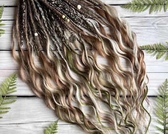 Natural Brown Blonde Dreadlock Extensions, Earthy Forest Boho Wavy Synthetic Hair (SE/DE)